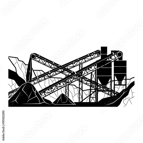 Illustration of a Quarry Plant with Conveyor Belts and Silos.
