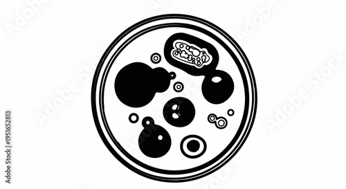 Black and white depiction of petri dish with cells and organisms
