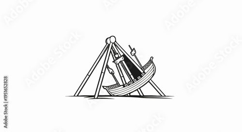 Black and white illustration of a swinging ship amusement ride