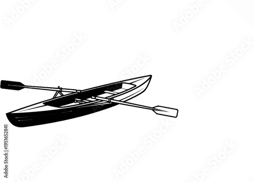 Black and white drawing of a scull boat with oars extended