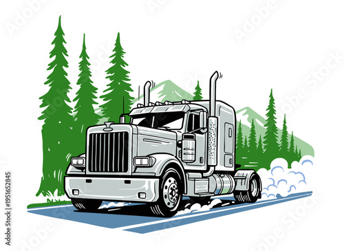 Heavy truck on mountain road. Big rig artwork for t-shirt, poster, sticker and background. Road trip adventure design. Forest pine trees. Speed.