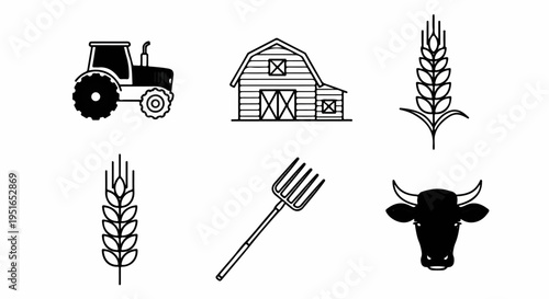 A farm scene with a tractor, barn, wheat, pitchfork, and cow head