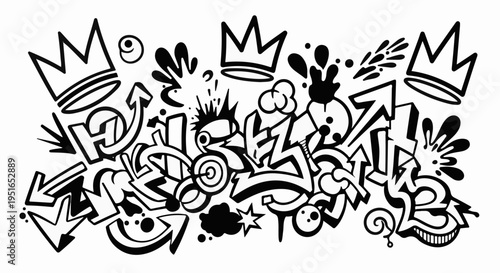 Dynamic black and white graffiti art with crowns and explosive elements