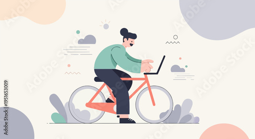 Person cycling while working on a laptop with abstract shapes in background