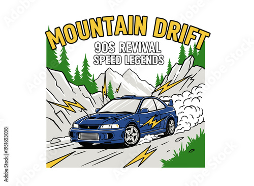 Mountain drift car illustration. 90s revival speed legends artwork. Blue sport car design for t shirt, poster, sticker. Rally racing graphic.