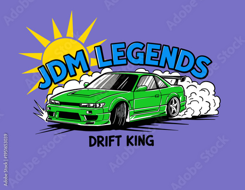 JDM Legends drift car design. Green sport car artwork. Drift king racing poster. Vector graphic for t-shirt. Fast wheels challenge.