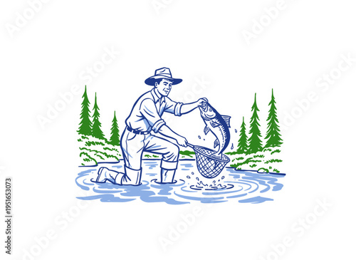 Fisherman catching fish in river. Vintage outdoor artwork. Fishing club t shirt design. Fly fishing mountain scene. Retro nature adventure design.
