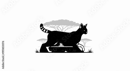 Stylized black feline strides across a savanna with acacia trees