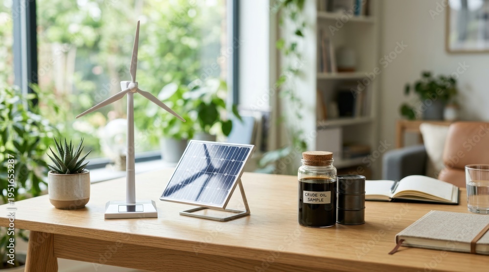 Fototapeta premium Miniature wind turbine model solar panel and a crude oil sample jar sit on a wooden table indoors