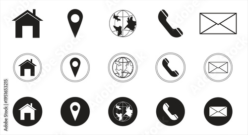 Collection of contact us icon set name " home, location  globe, email, call, address, mail, telephone,  icon set. contact information icons for business. Vector illustration
