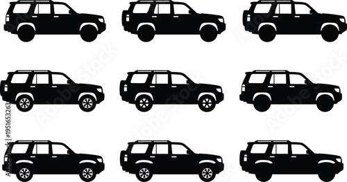 Set Of Black SUV Silhouette Vector Icons Featuring Modern Off Road 4x4 Vehicles Sports Utility Trucks Isolated On A White Background For Design