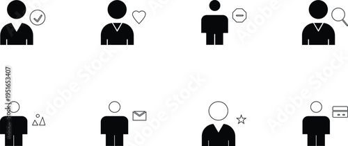 Set of 8 people icons vector, black silhouettes
