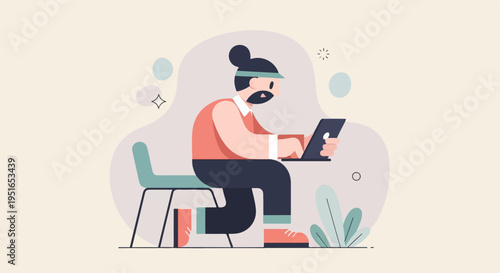Person with bun haircut and beard working on laptop at desk