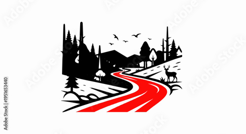 A winding red road through a stylized forest with mountains and a deer
