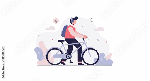 Person with backpack and headphones rides bicycle amidst abstract shapes and plants