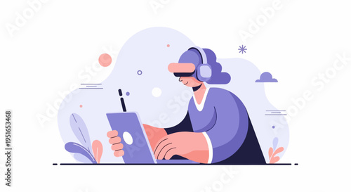 Person wearing virtual reality headset and headphones uses tablet device