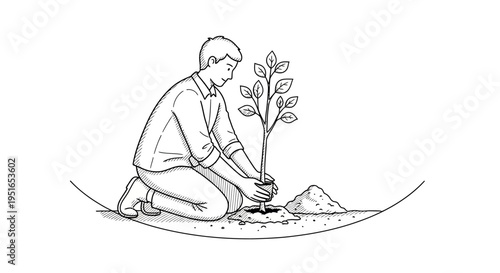Man planting a tree sapling in the ground.