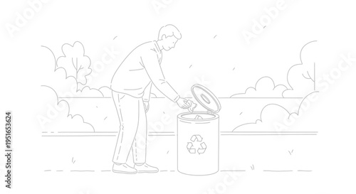 Man Disposing of Waste in a Recycling Bin Outdoors.