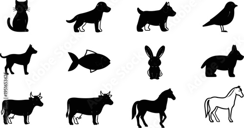 Collection of stylized animal silhouettes, including cats, dogs, a bird, fish, rabbit, cows, and horses