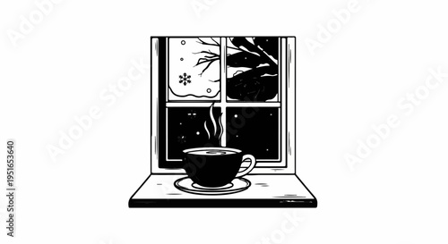 Cozy winter scene with a steaming cup of coffee viewed through a window pane
