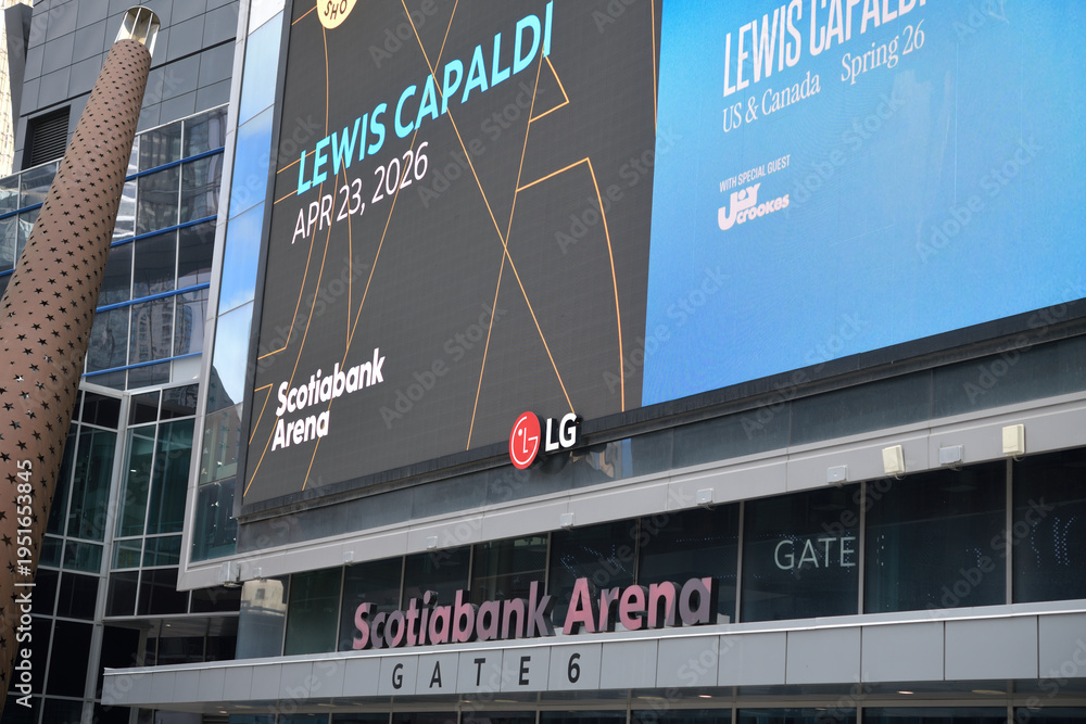 Fototapeta premium LG super digital billboard outside Scotiabank Arena with Lewis Capaldi concert promotion, Toronto