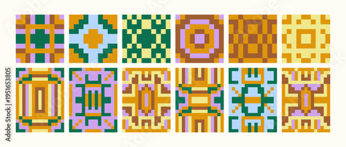 Set of tiles with colorful pixelated geometric patterns