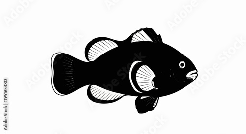 Stylized black and white illustration of a solitary clownfish