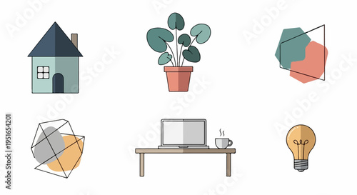 Set of six minimalist vector icons house, plant, abstract shapes, laptop, coffee, light bulb