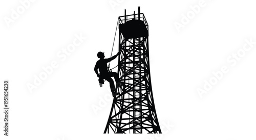 A worker ascends a tall lattice style communication tower skillfully climbing with equipment presented as a silhouette high quality professional detailed modern
