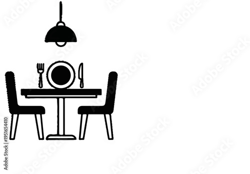 Minimalist icon of a dining table with two chairs, plate, fork, knife, and lamp