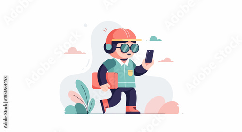 Cheerful person in hard hat and glasses holding a phone and folder
