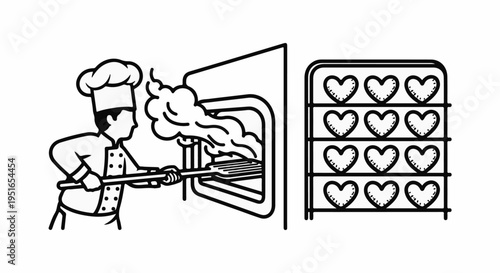 Chef using a spatula to remove heart-shaped cookies from a smoking oven