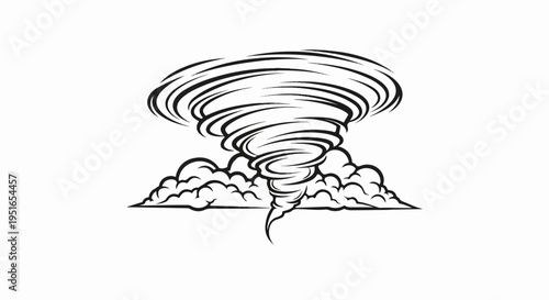 Black and white illustration of a swirling tornado emerging from clouds