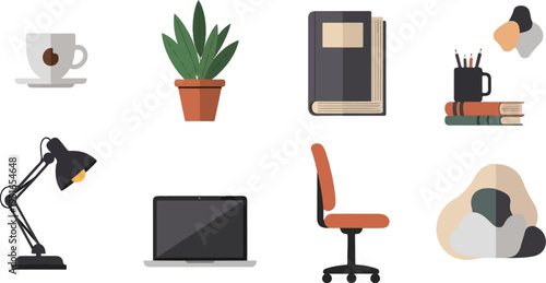 Office workspace essentials desk lamp, laptop, coffee cup, potted plant, books, and chair