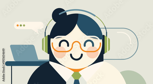 Cheerful person wearing headphones, glasses, with a laptop and speech bubble