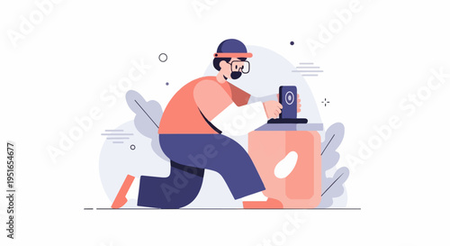 Character kneeling, holding device, near abstract shapes and plants