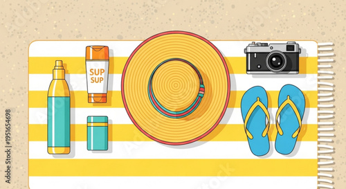 Beach essentials on striped towel with sun hat flip flops and sunscreen