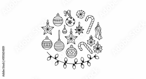 Collection of festive holiday ornaments and string lights in a circular arrangement