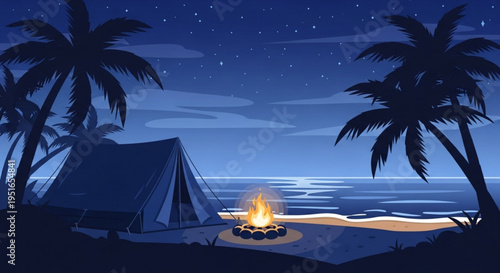 Camping on a serene beach at night with palm trees and a tent by a campfire under starry sky