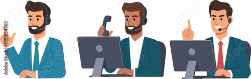 Customer service representatives with headsets and computers providing support and assistance