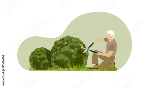 Senior Male Gardener Pruning Green Garden Bushes with Hand Hedge Shears