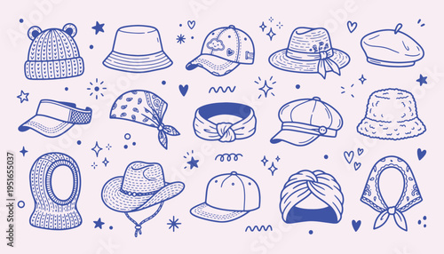 Headwear doodle collection with clean outline sketch. Beanie, bucket, baseball cap, beret, bandana, cowboy hat, turban. Cute fashion elements for branding, apparel design and coloring pages.