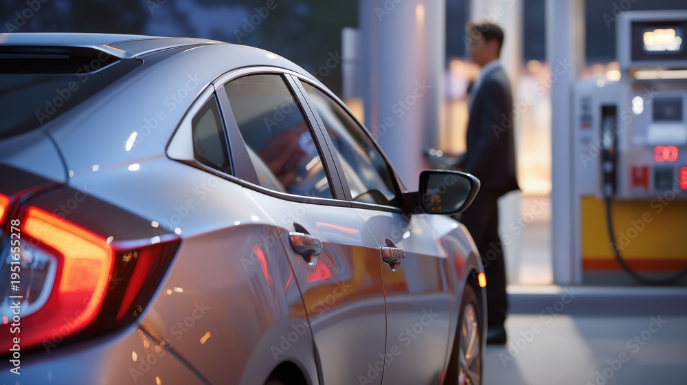 Obraz premium Businessman refueling silver sedan at gas station in evening light 