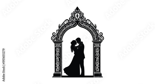 A romantic couple embraces within an ornate gothic archway creating a striking black silhouette high quality professional detailed modern elegant stylish