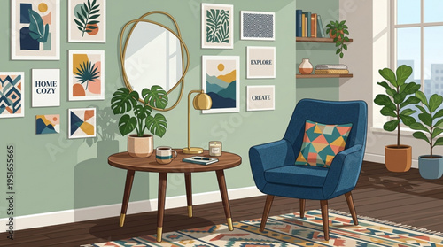 Cozy living room interior with blue armchair wooden table plants and colorful artwork on green walls