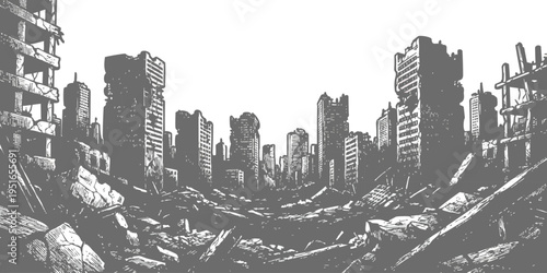 Post-apocalyptic ruined city landscape with destroyed skyscrapers and rubble in hand-drawn sketch style monochrome vector illustration background