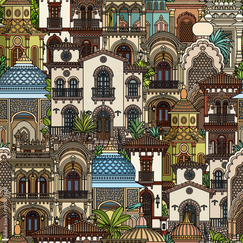 Colorful vector seamless pattern of an oriental city with domes, towers, and minarets. Perfect for Arabian, Islamic, and fairytale themed designs