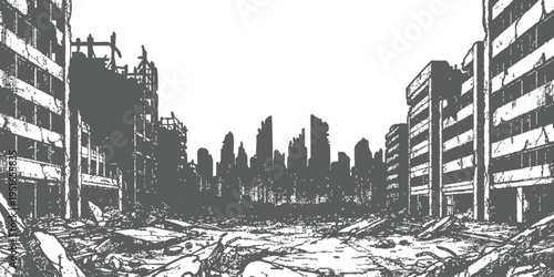 Post-apocalyptic ruined city with destroyed buildings and rubble in a dramatic monochromatic graphic vector illustration style for background design