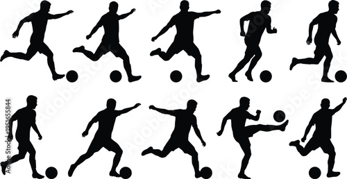 Soccer player silhouettes set with ball isolated on white background, football action poses collection, sport athlete running kicking dribbling vector illustration