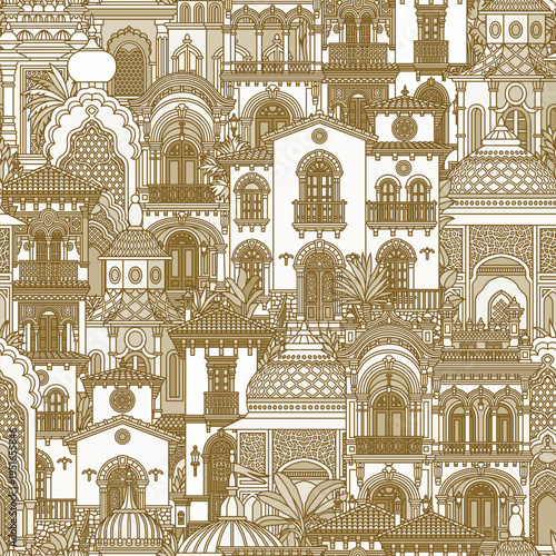 Sketchy vector seamless pattern of an oriental city with domes, towers, and minarets. Perfect for Arabian, Islamic, and fairytale themed designs